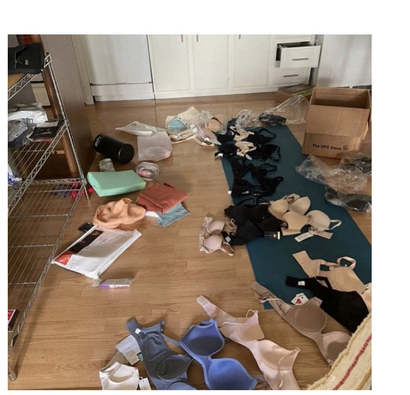 Bras covering an apartment floor — 50 of them, none fitting right